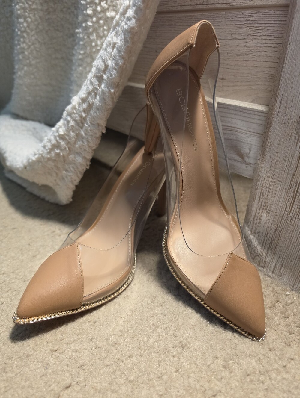 BCBGeneration Tan Clear-Panel Pointed Toe Pumps